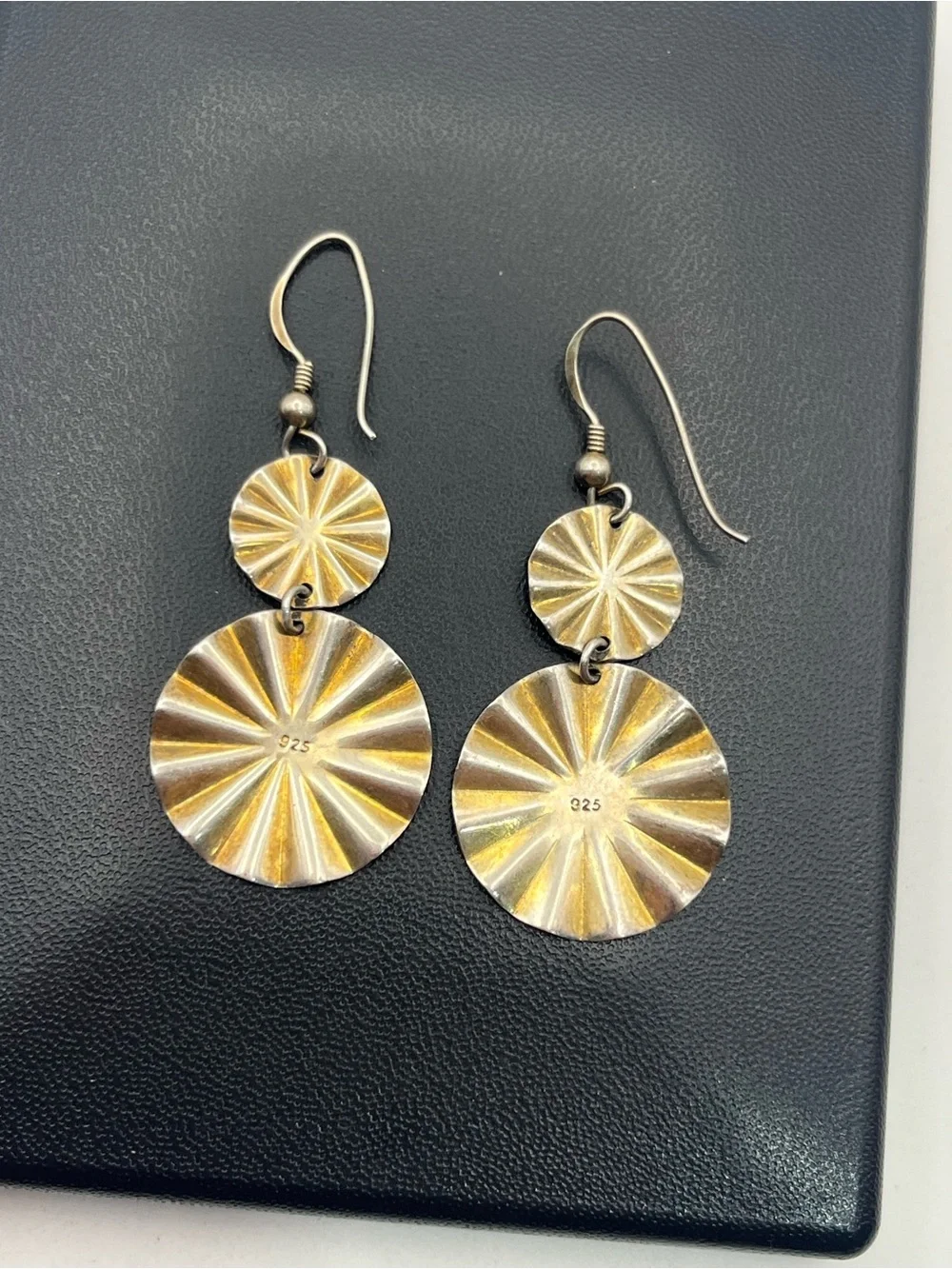 Gold washed sterling silver textured round scalloped dangle vintage earrings